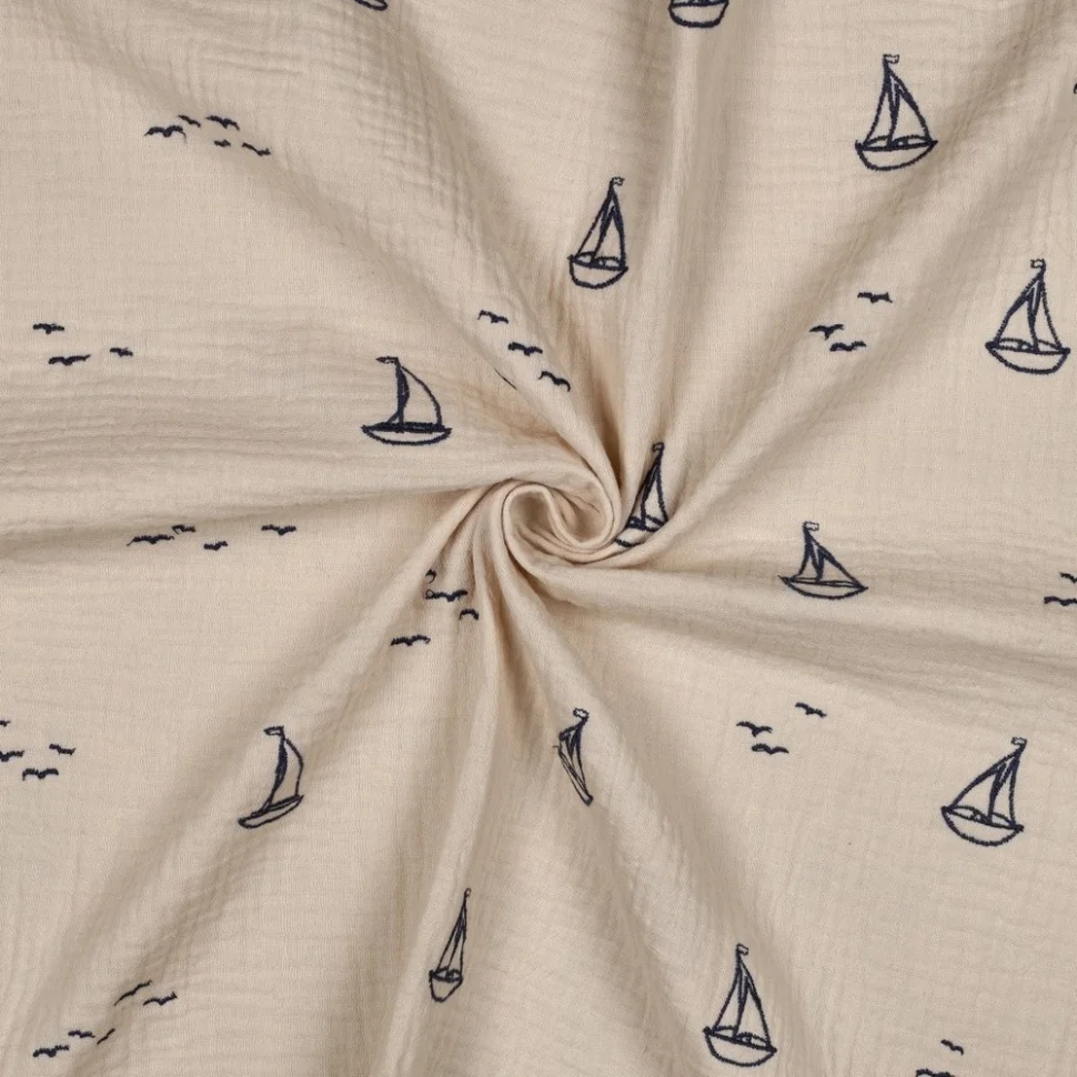 Tissu Double gaze de Coton Petits bateaux brodées Bleu marine sur fond Beige