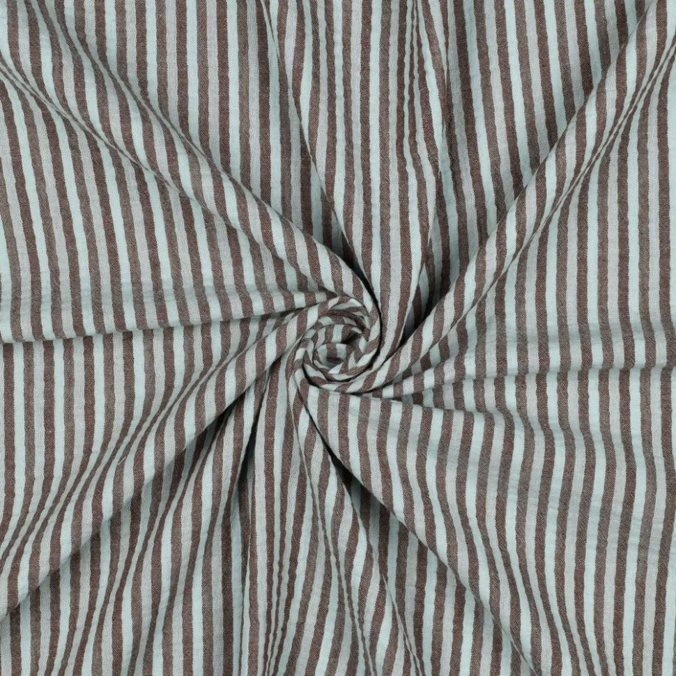 Tissu Double Gaze de Coton fil teinté Rayé Taupe sur fond Bleu clair
