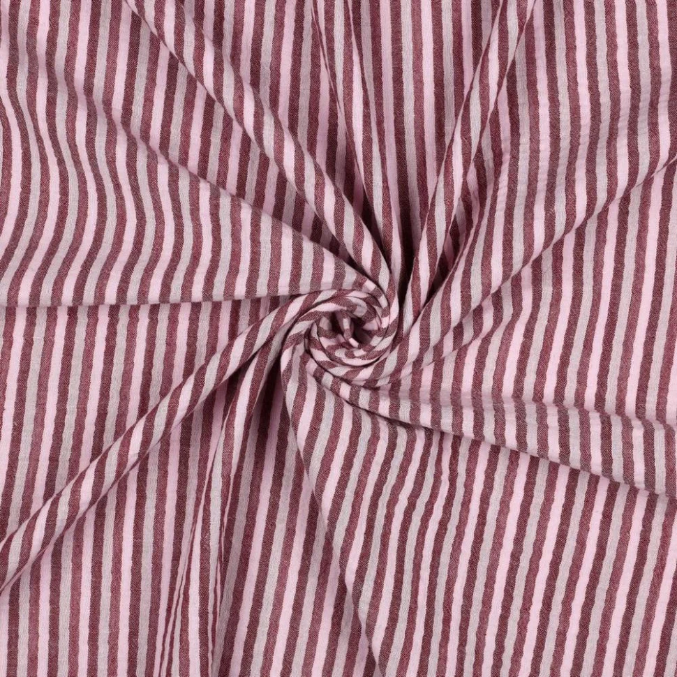 Tissu Double Gaze de Coton fil teinté Rayé Bordeaux sur fond Rose