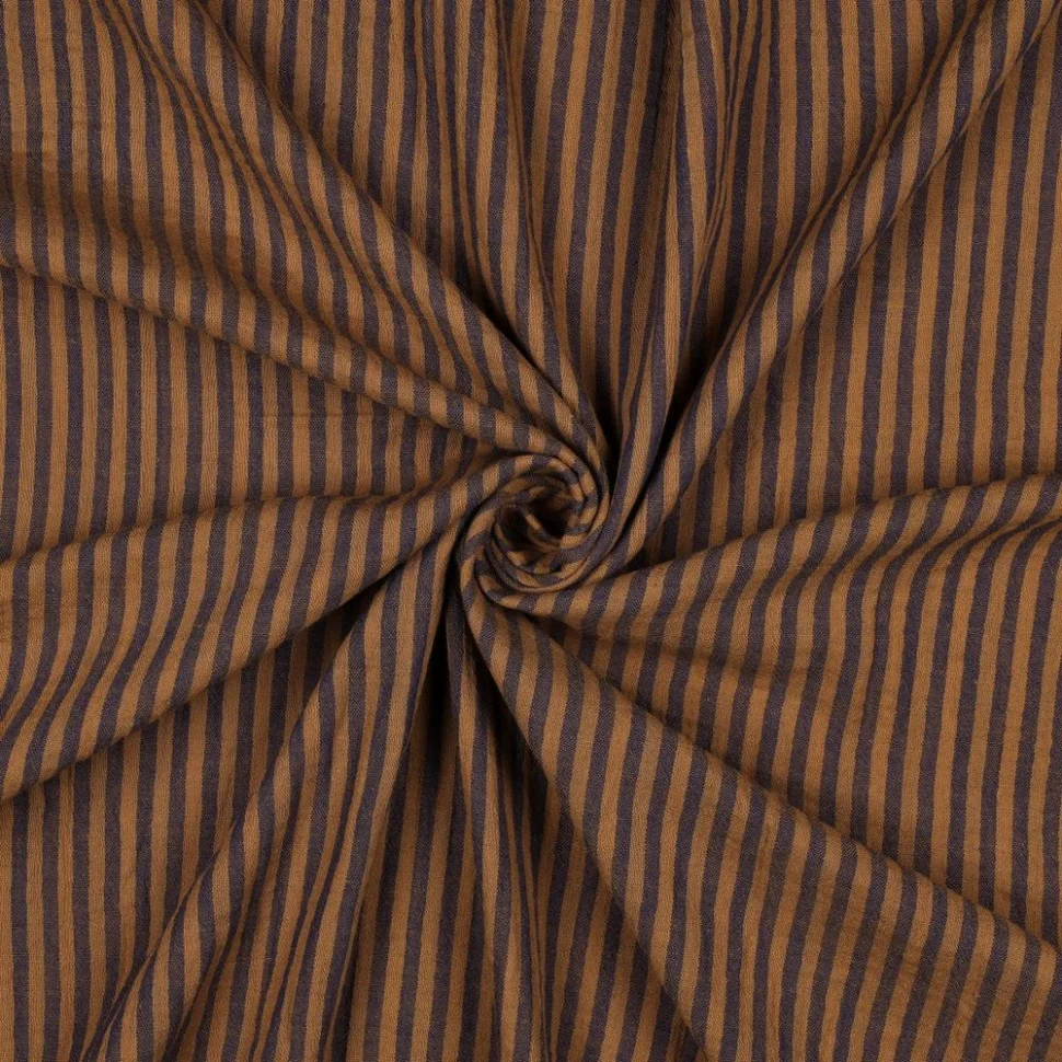 Tissu Double Gaze de Coton fil teinté Rayé Bleu marine sur fond Camel