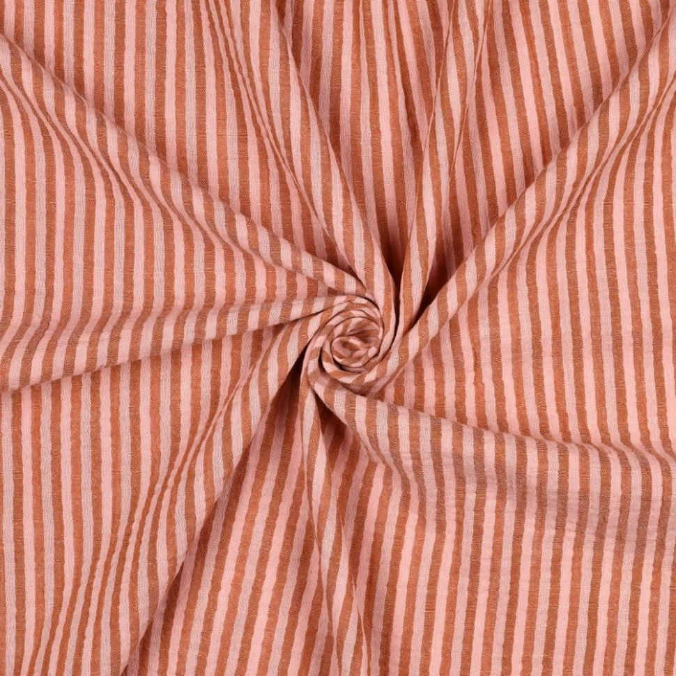 Tissu Double Gaze de Coton fil teinté Rayé Abricot sur fond Rose