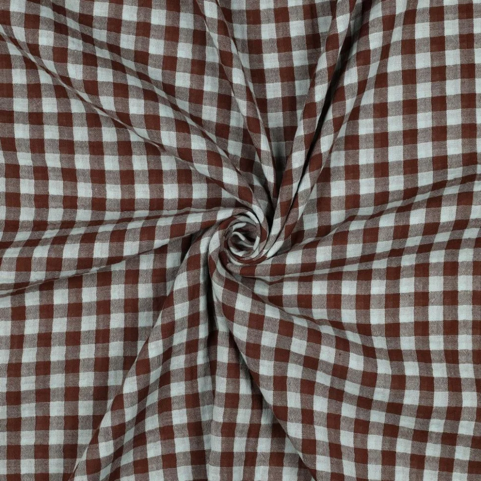 Tissu Double Gaze de Coton fil teinté Carreaux Bleu clair sur fond Marron