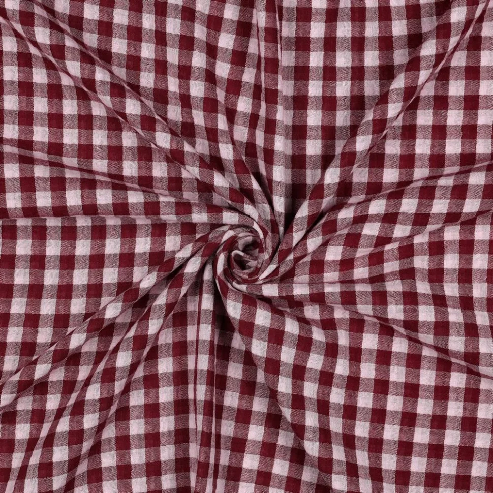 Tissu Double Gaze de Coton fil teinté Carreaux Bordeaux sur fond Rose