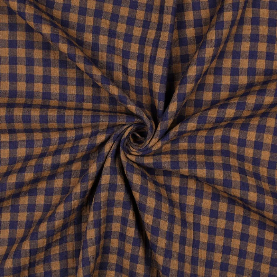 Tissu Double Gaze de Coton fil teinté Carreaux Bleu marine sur fond Brun