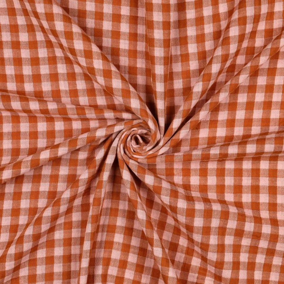 Tissu Double Gaze de Coton fil teinté Carreaux Terracotta sur fond Rose clair
