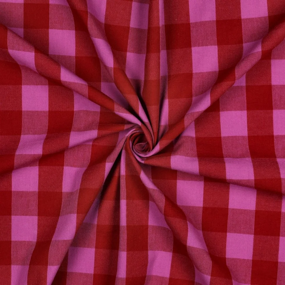 Tissu Coton fil teint Nelly carreaux Fuschia sur fond Rouge