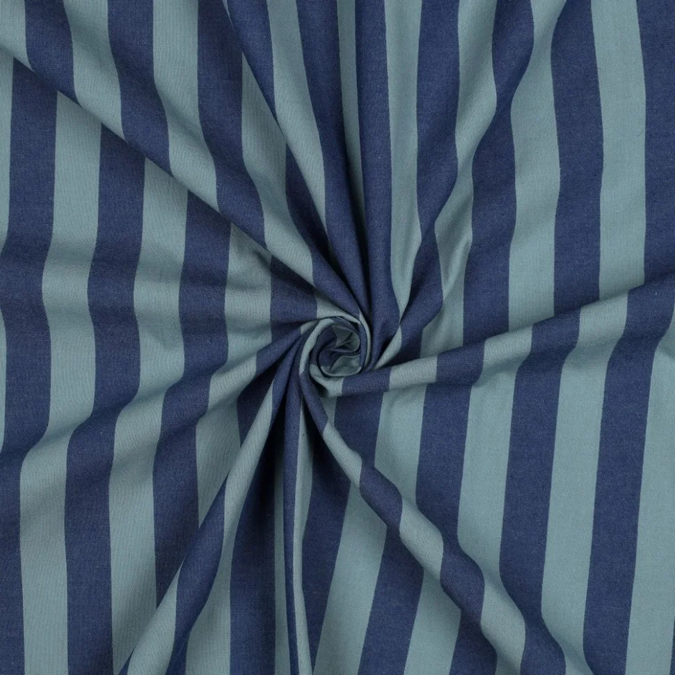 Tissu Coton fil teint Nora rayures Vert sur fond Bleu