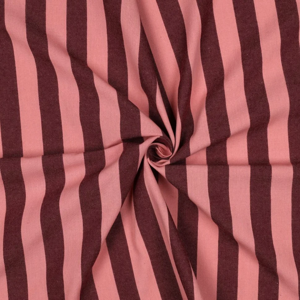 Tissu Coton fil teint Rayé Bordeaux sur fond Rose corail
