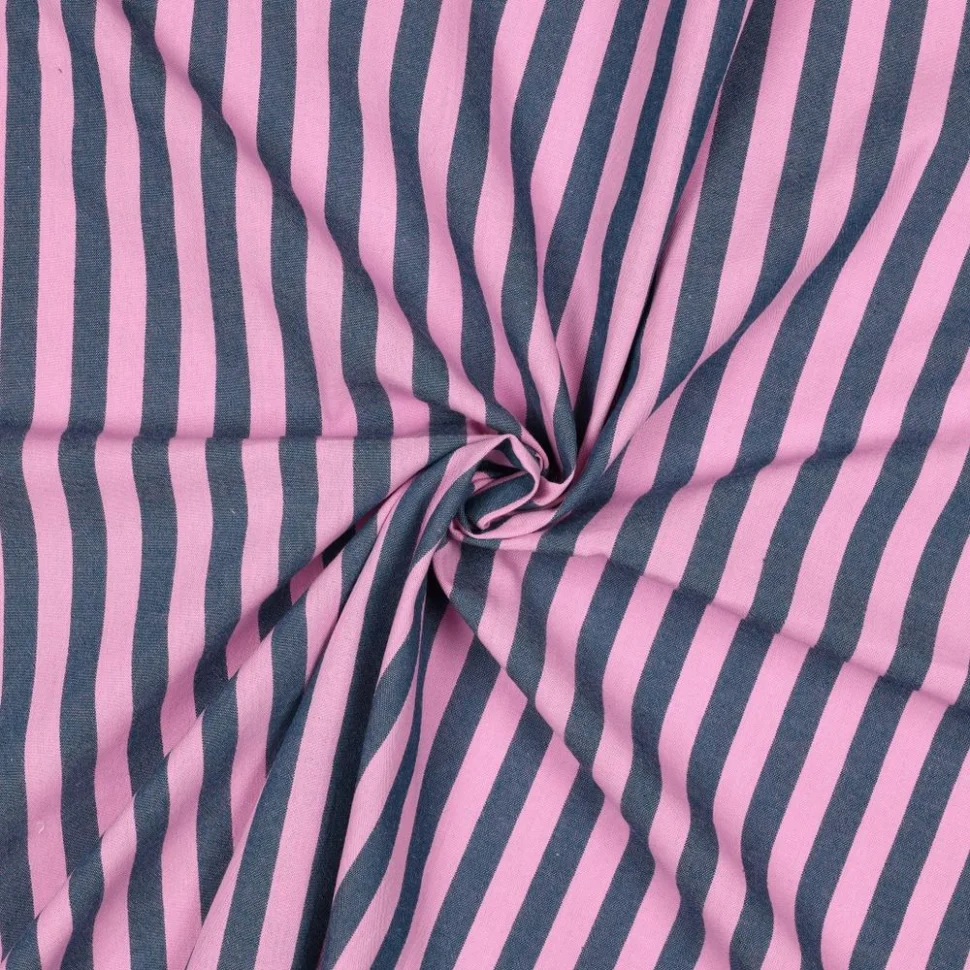 Tissu Coton fil teint Elsa rayures Bleu pétrole sur fond Rose barbapapa