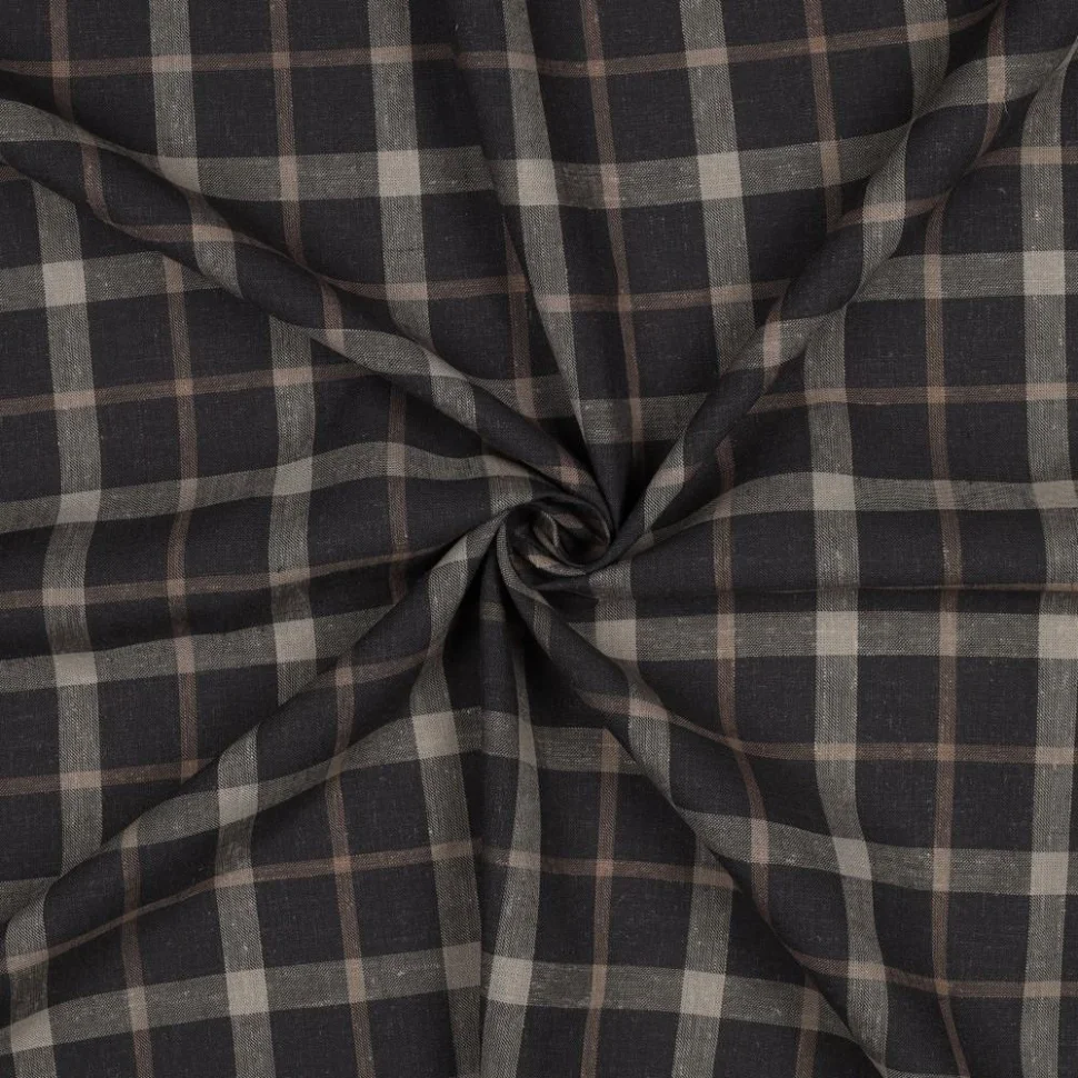 Tissu Lin Viscose Justin carreaux Grège sur fond Gris anthracite profond