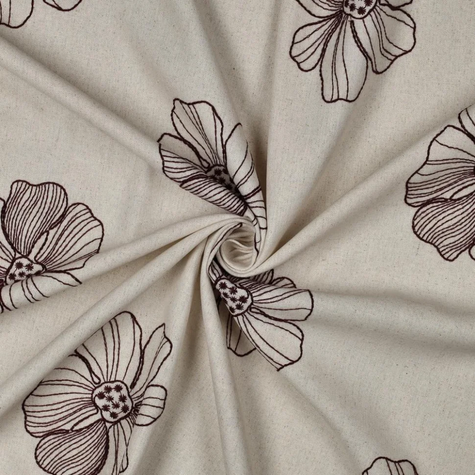 Tissu Viscose Lin Yoko brodé grandes fleurs sur fond Naturel