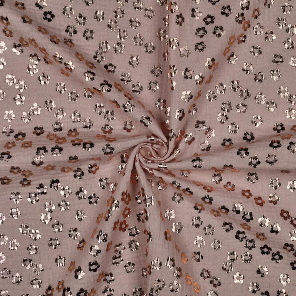 Tissu Double gaze de Coton Poppy Fleur foil sur fond Vieux rose