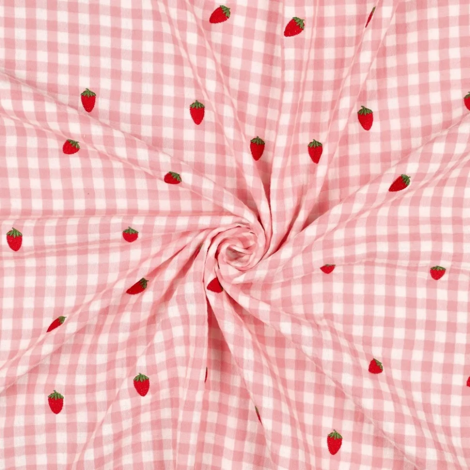 Tissu Double gaze de Coton Fraises brodées vichy Rose sur fond Blanc cassé