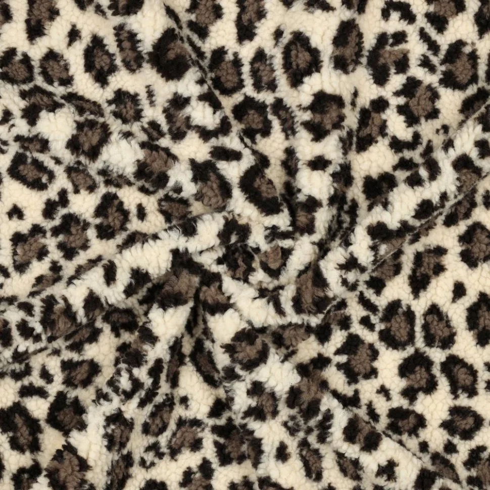 Tissu Fausse fourrure Teddy Bouclettes motif léopard sur fond Ecru