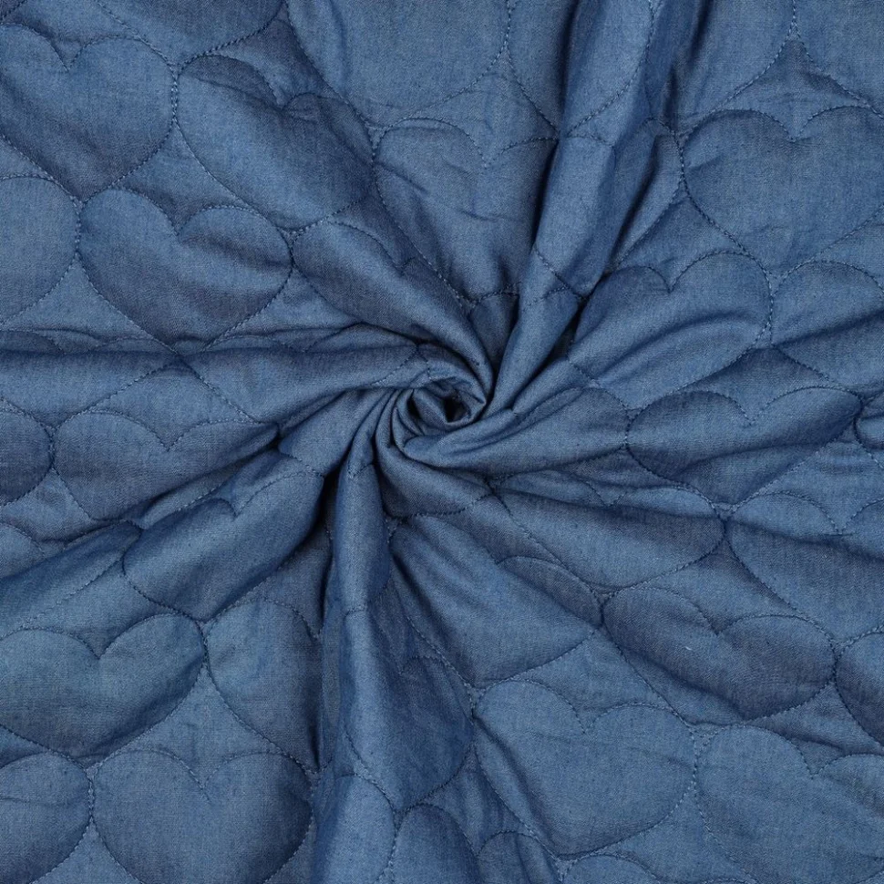 Tissu Chambray Matelassé Réversible motif coeurs brodés sur fond Bleu denim