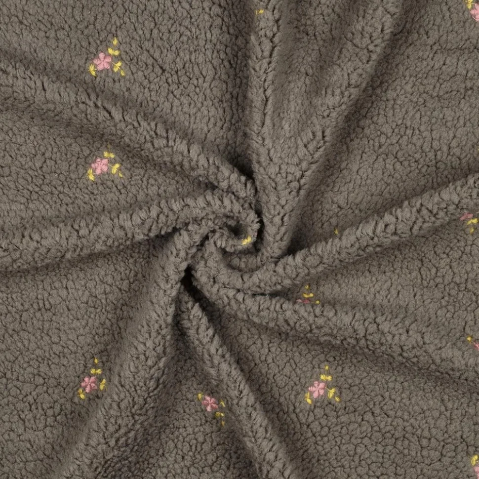 Tissu Bouclette Teddy Fleurs Maya brodées sur fond Gris