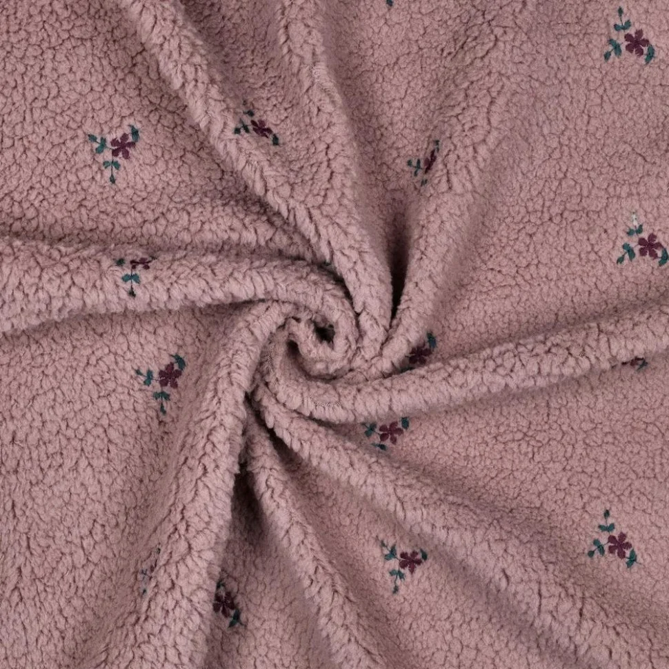 Tissu Bouclette Teddy Fleurs Maya brodées sur fond Vieux rose