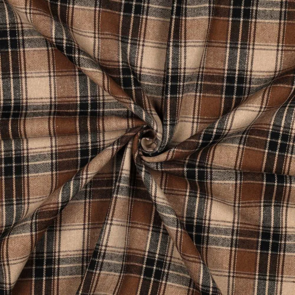 Tissu Flanelle légère Tartan beige et noir sur fond Brun