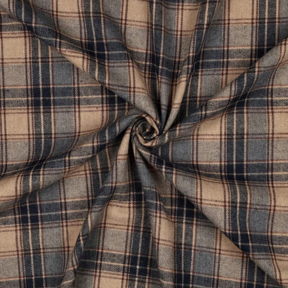 Tissu Flanelle légère Tartan beige et noir sur fond Bleu marine