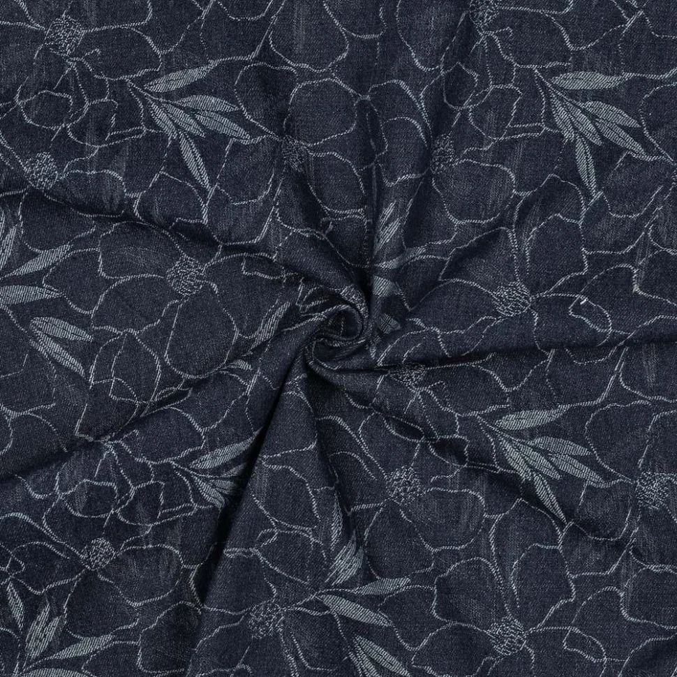 Tissu Jacquard Jeans motifs floraux stylisés sur fond Bleu denim