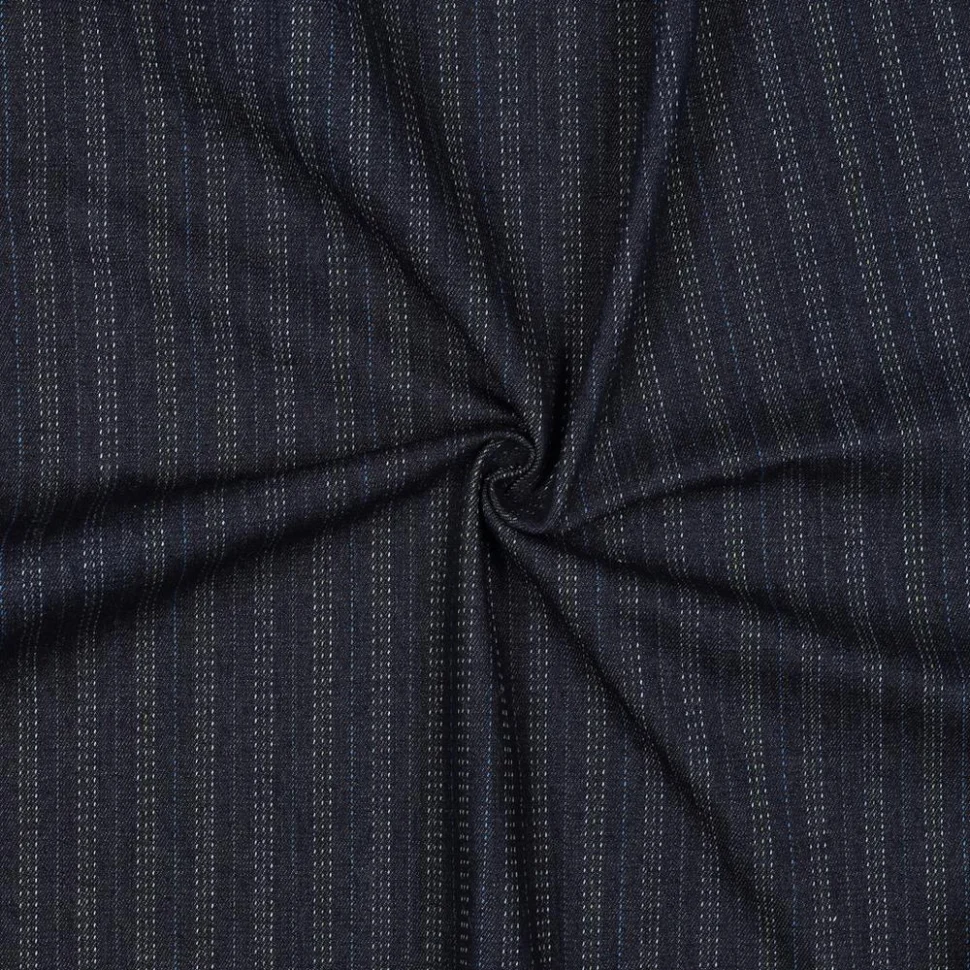 Tissu Jacquard Jeans fines rayures en pointillés Blanc sur fond Bleu indigo