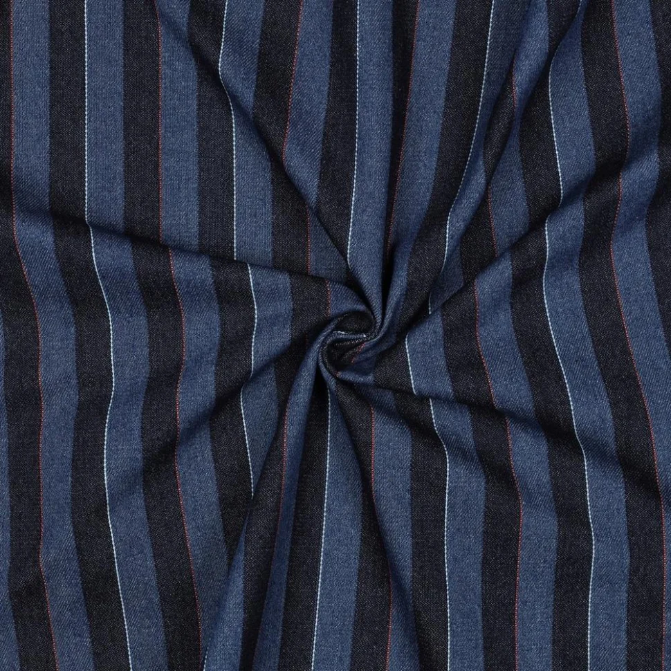 Tissu Jacquard Jeans rayures Noir sur fond Bleu indigo