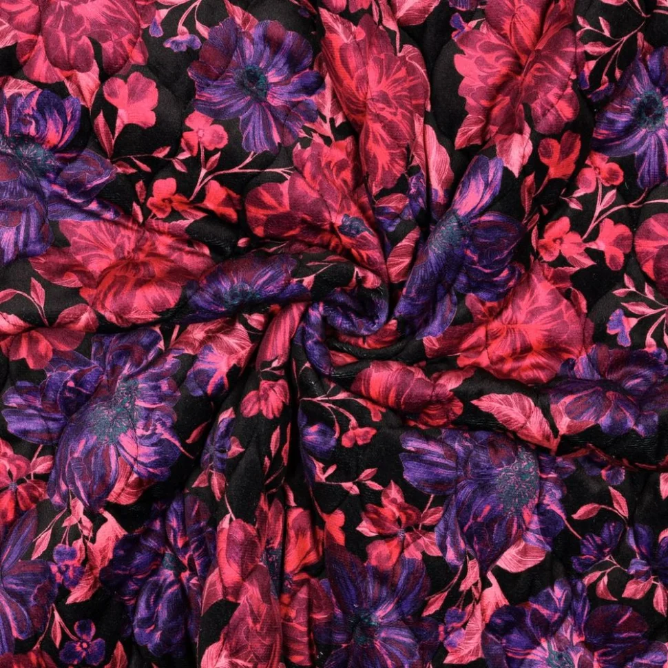 Tissu Velours ras Matelassé réversible digital Livia floral Violet et Rose sur fond Noir