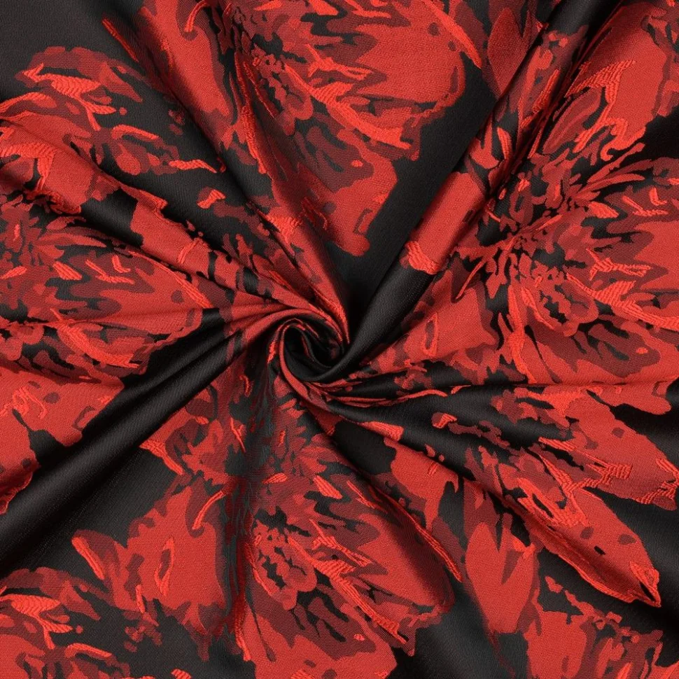 Tissu Jacquard léger imprimé Grandes fleurs Rouge sur fond Noir