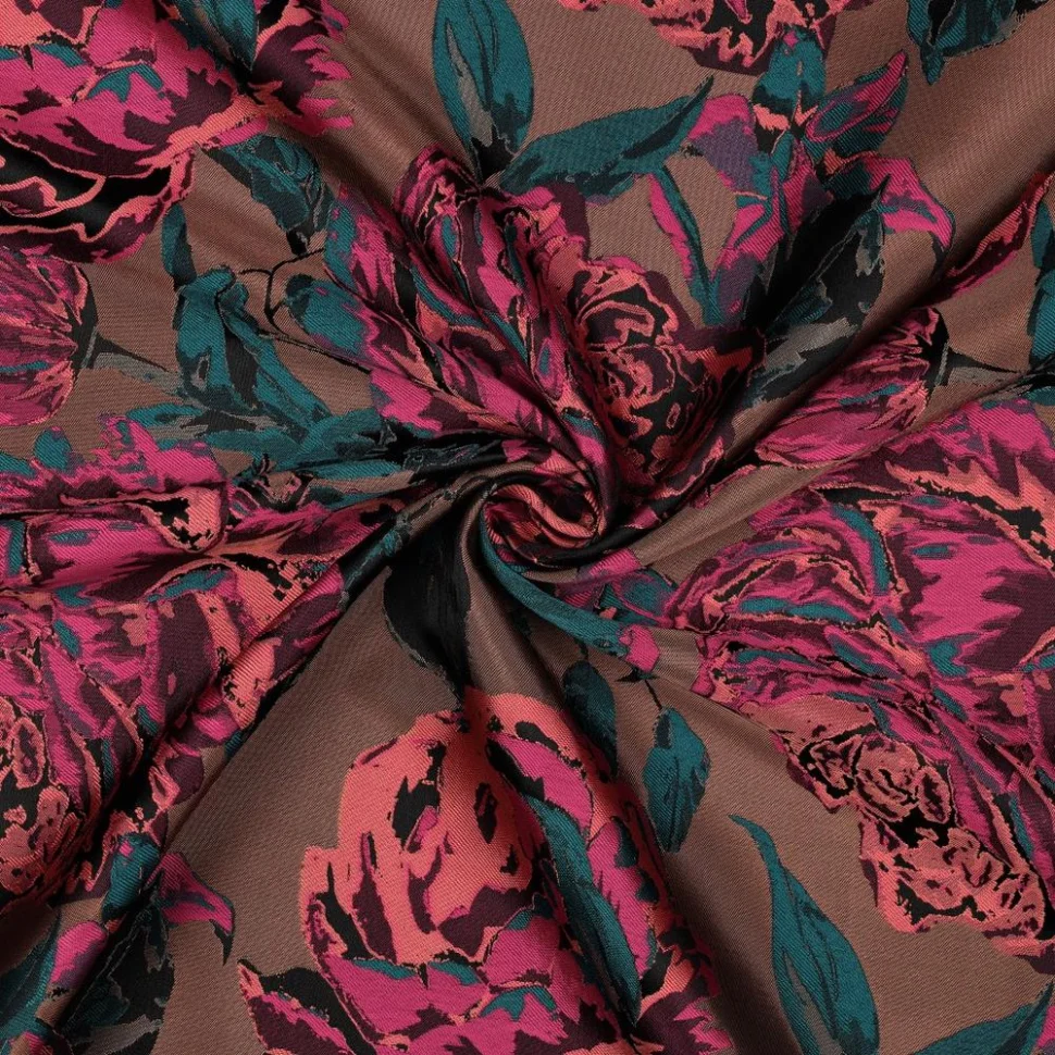 Tissu Jacquard léger imprimé Grandes fleurs Fuschia sur fond Taupe