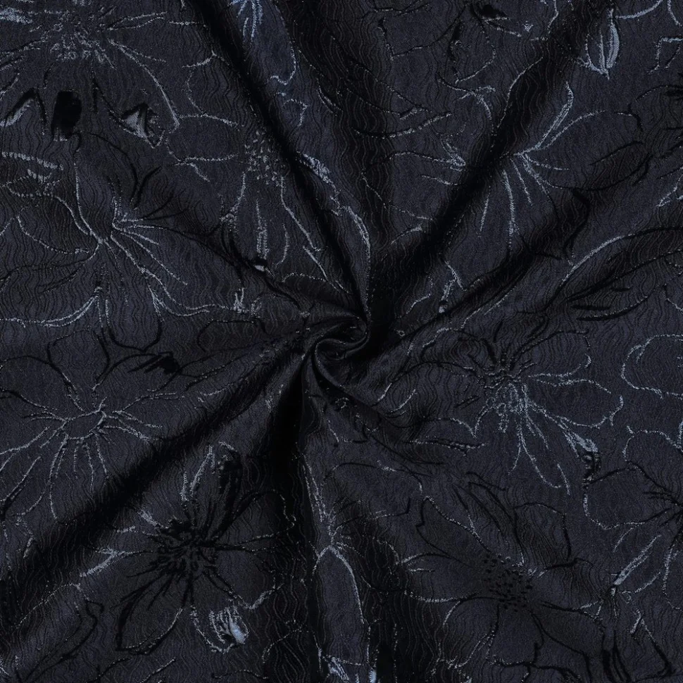 Tissu Jacquard léger Motifs floraux stylisés sur fond Bleu marine