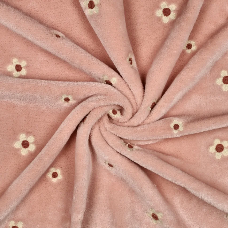 Tissu Doudou Petites fleurs brodées sur fond Rose poudré
