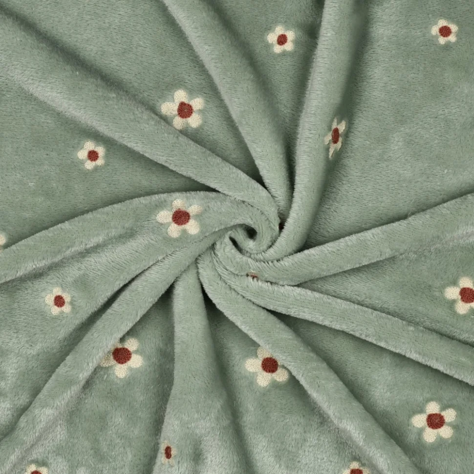 Tissu Doudou Petites fleurs brodées sur fond Vert amande
