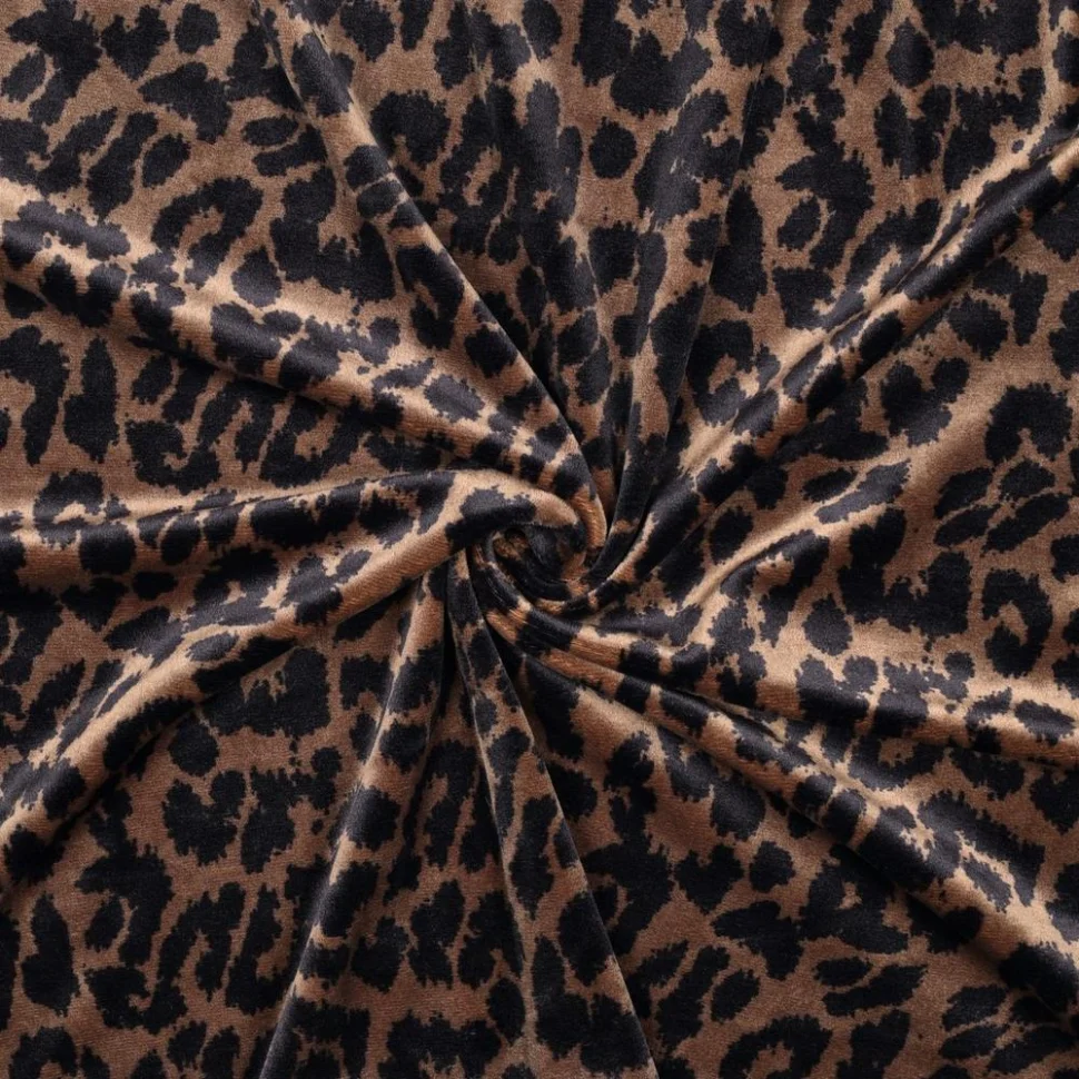 Tissu Jersey Velours tout doux motifs Léopard Noir sur fond Marron