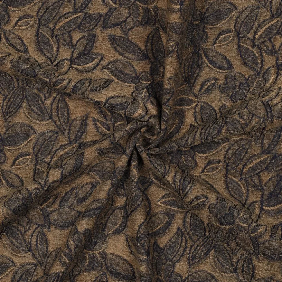 Tissu Jacquard Jeans Velours feuillage Noir anthracite sur fond Brun