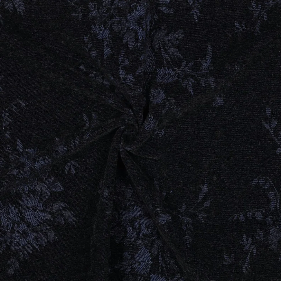 Tissu Jacquard Jeans Velours feuillage Bleu Nuit sur fond Noir