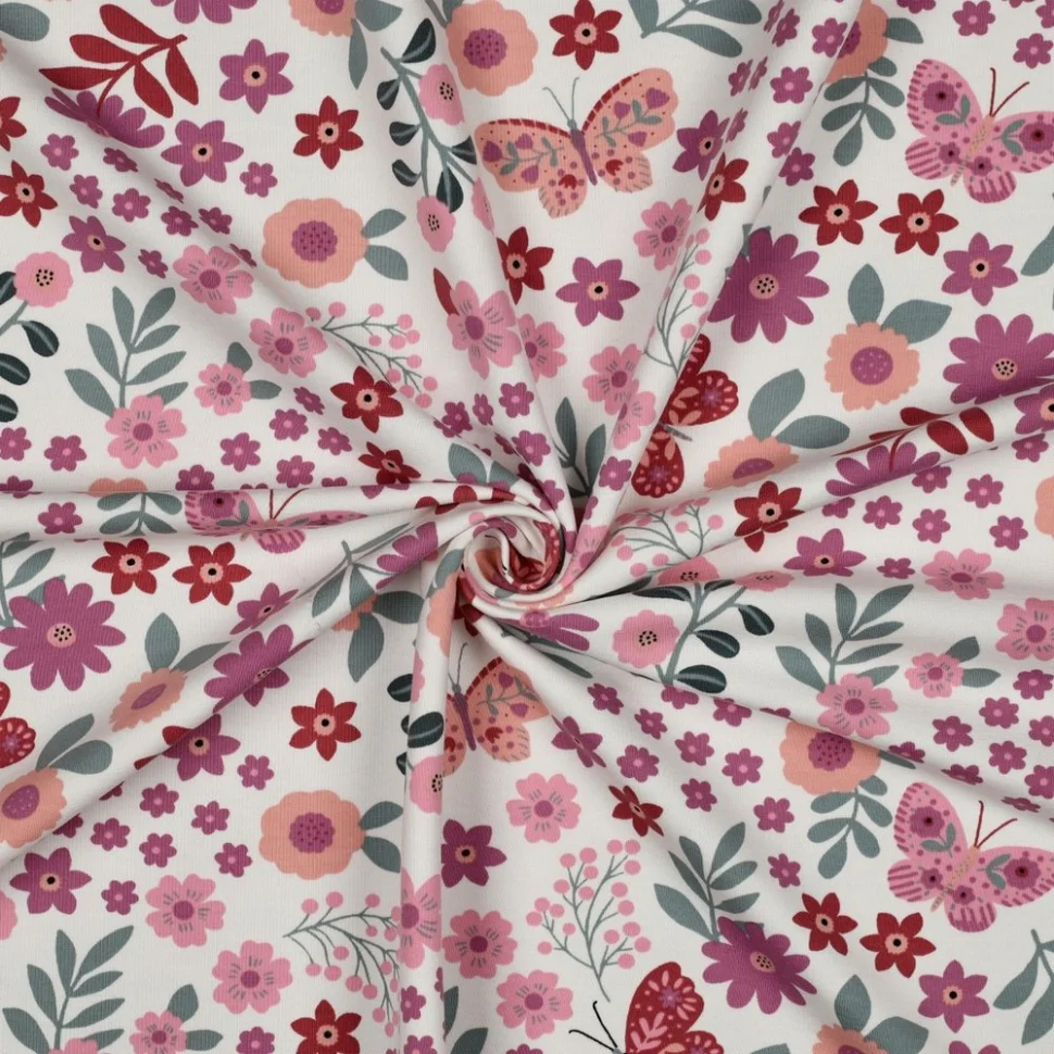 Tissu Sweat léger envers gratté Fleurs et papillon sur fond Blanc cassé