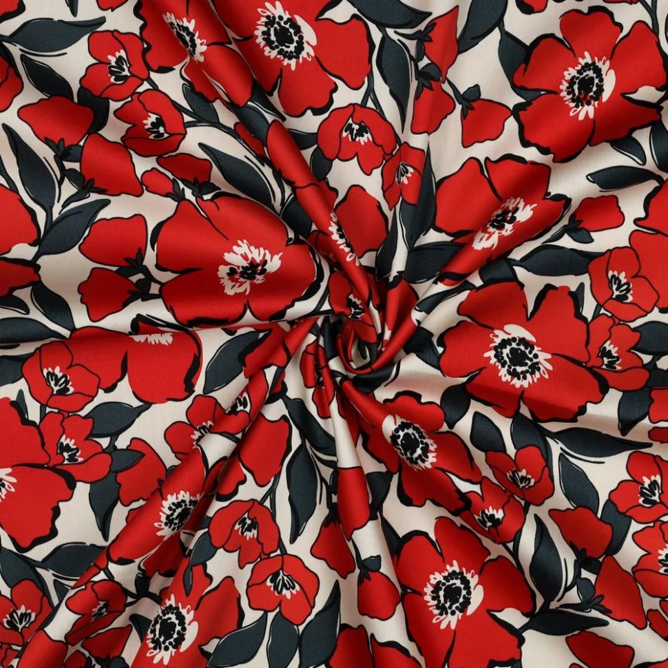 Tissu Coton satiné digital Lola fleurs Rouge sur fond Blanc cassé