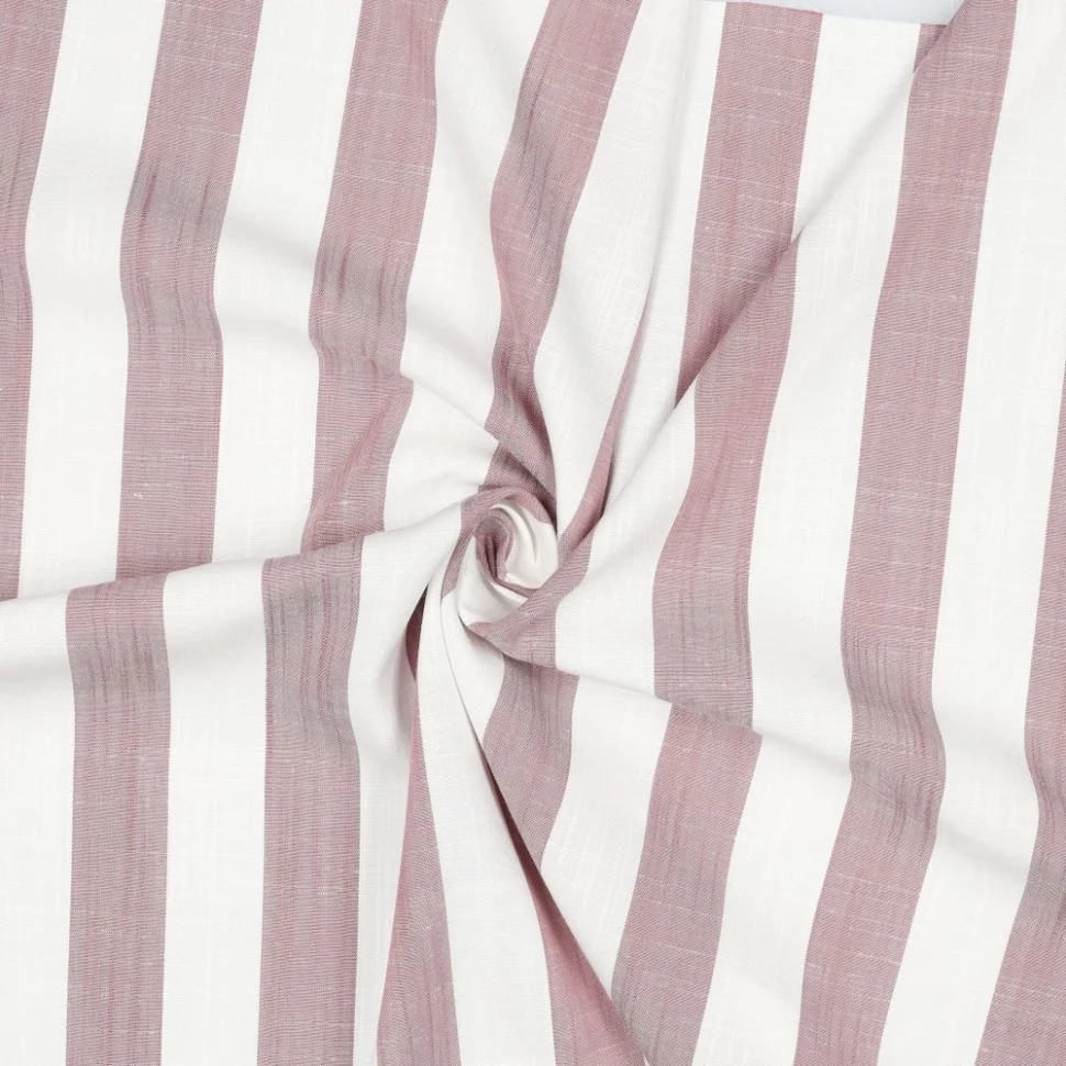 Tissu Viscose aspect Lin fil teint Rayé Rose pale sur fond Blanc