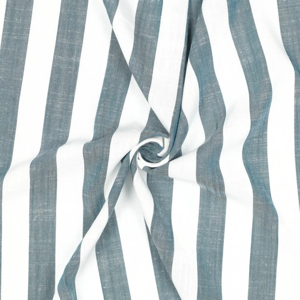 Tissu Viscose aspect Lin fil teint Rayé Bleu pétrole sur fond Blanc