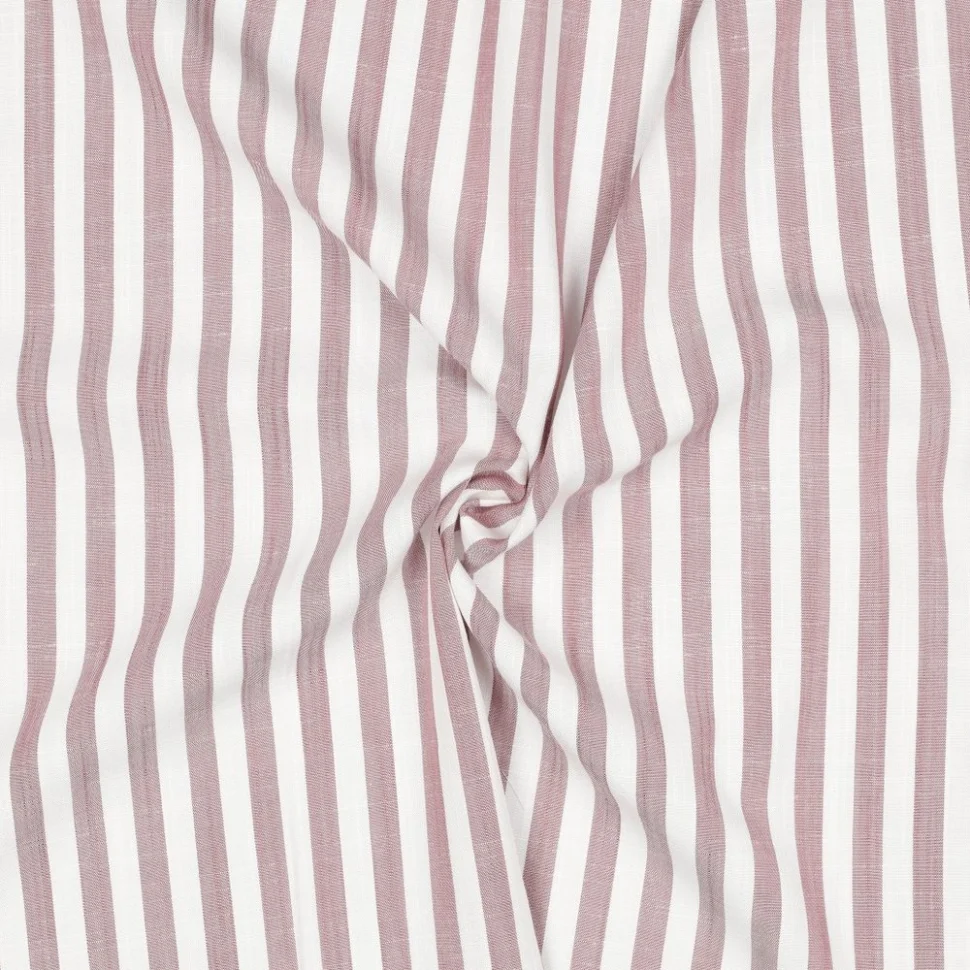 Tissu Viscose aspect Lin fil teint Petites rayures Rose pale sur fond Blanc
