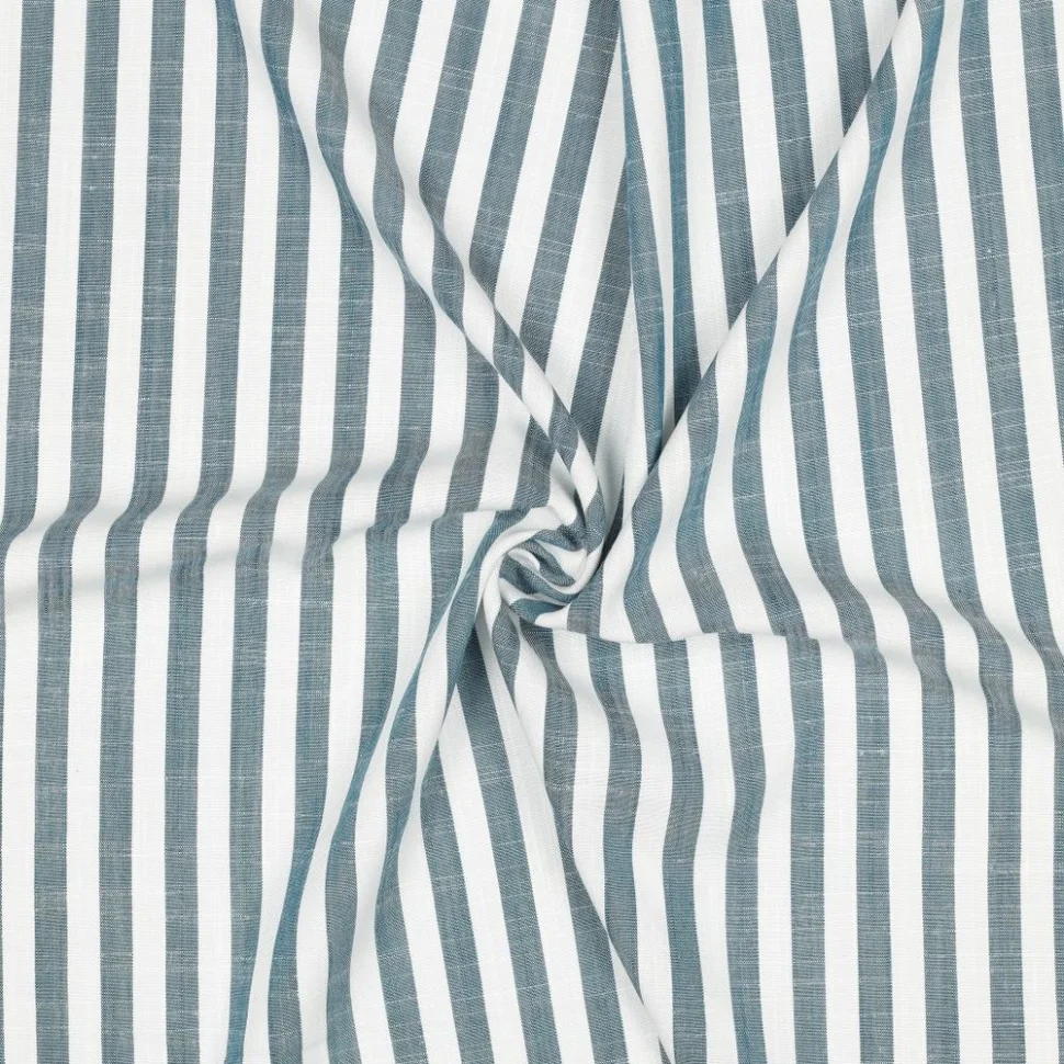 Tissu Viscose aspect Lin fil teint Petites rayures Bleu pétrole sur fond Blanc