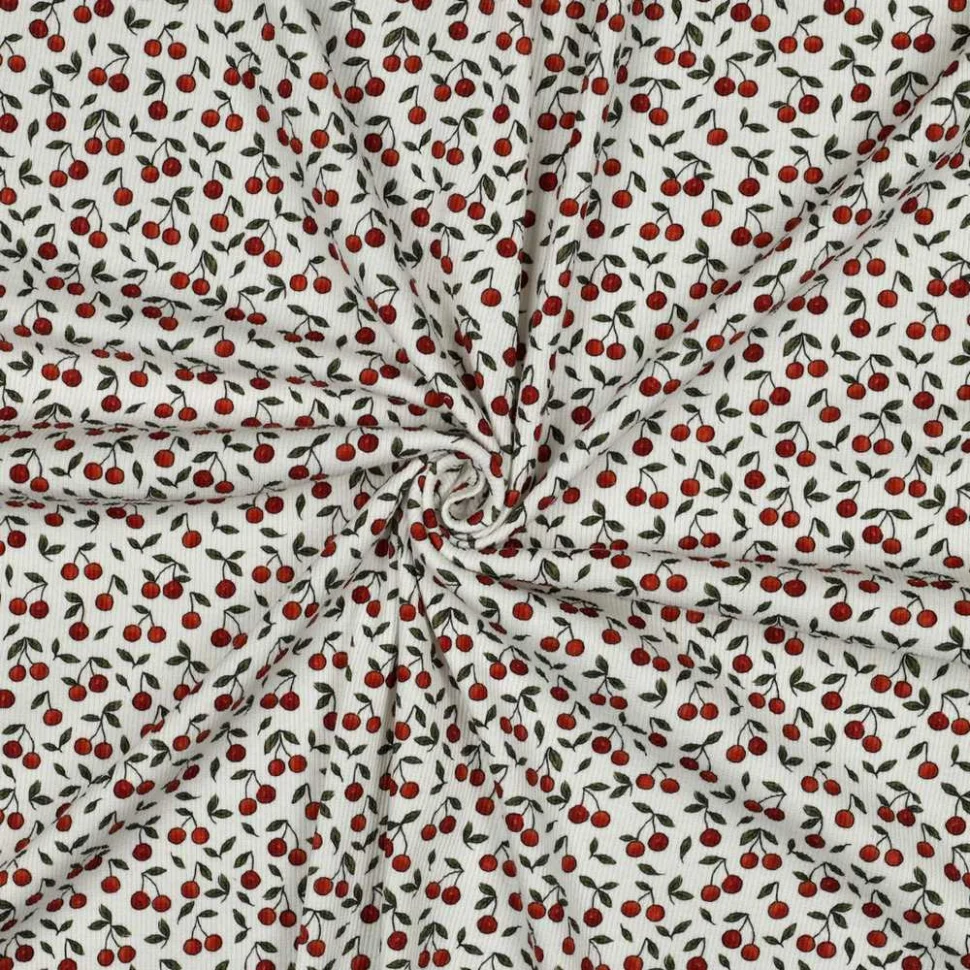 Tissu Jersey Bord Côte Digital Ambre petites cerises Rouges sur fond Blanc cassé