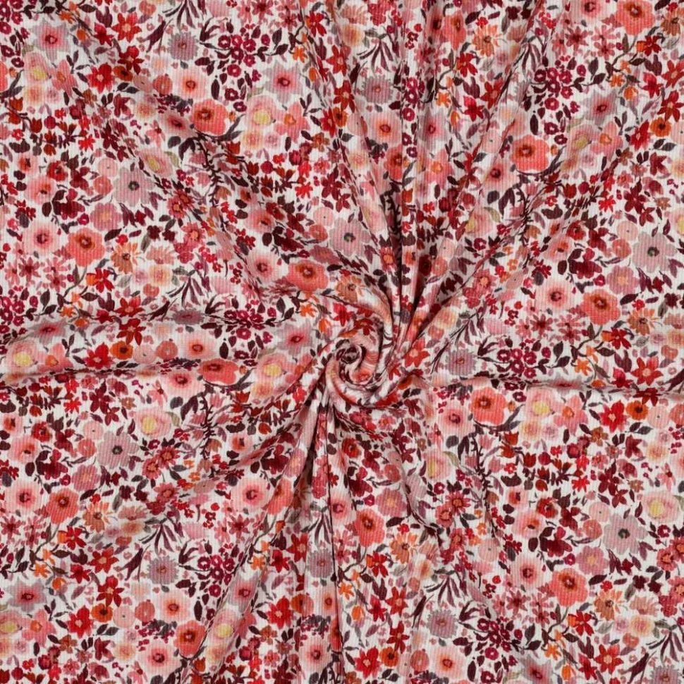 Tissu Jersey Bord Côte Digital Léonie fleurs sauvages ton Pêche sur fond Blanc cassé