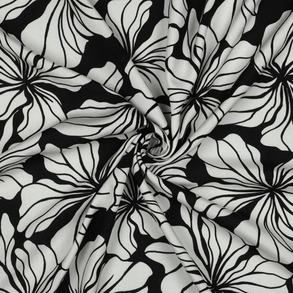 Tissu Viscose imprimé Fleurs Méloria blanches sur fond Noir