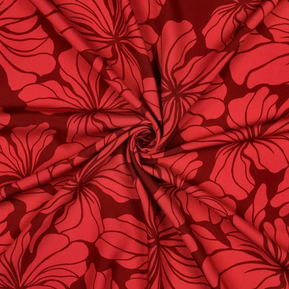 Tissu Viscose imprimé Fleurs Méloria rouge sur fond Bordeaux