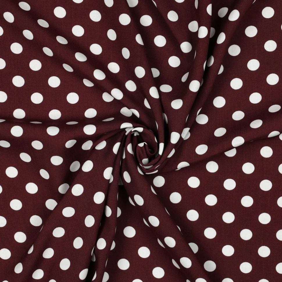 Tissu Viscose imprimé petits pois Blanc sur fond Bordeaux foncé