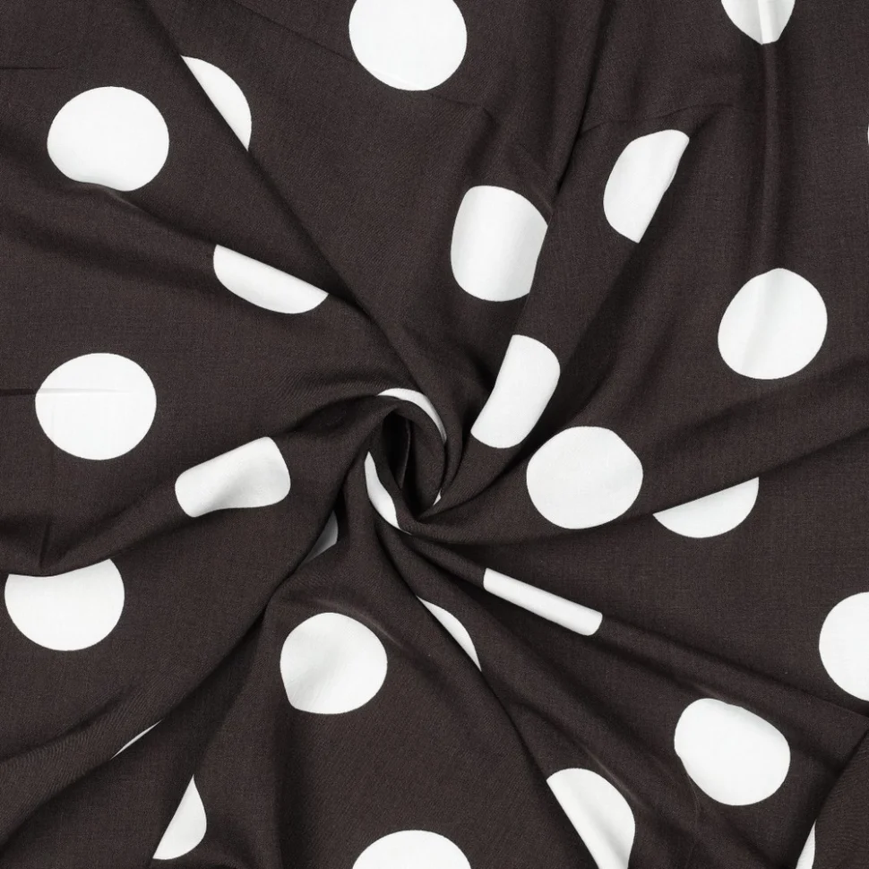 Tissu Viscose imprimé gros pois Blanc sur fond Marron chocolat
