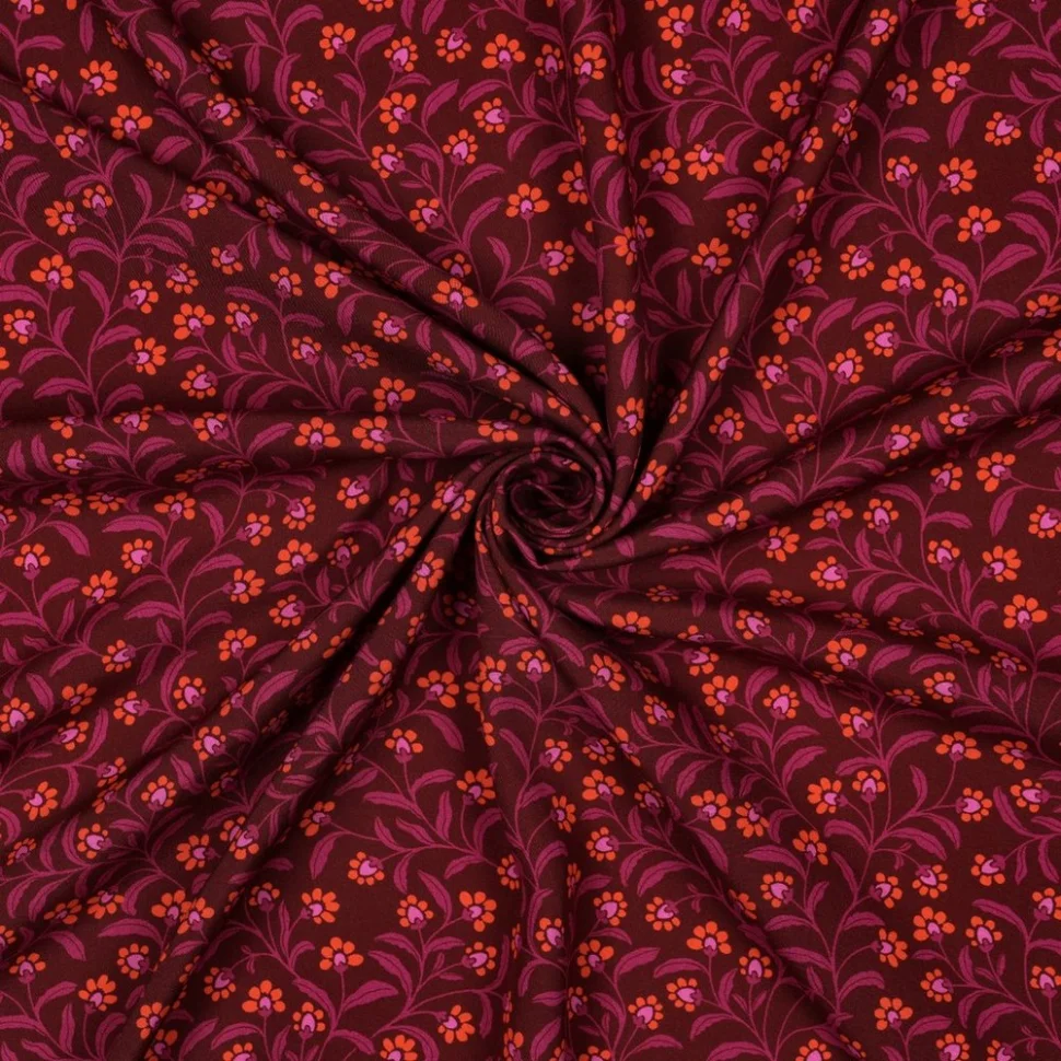 Tissu Viscose imprimé Irina fleurs Fuschia et Corail sur fond Bordeaux