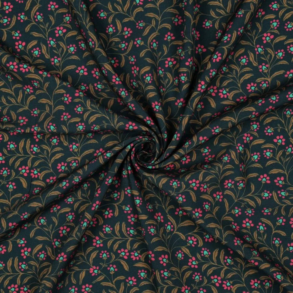 Tissu Viscose imprimé Irina fleurs Bronze et Rose sur fond Vert foncé