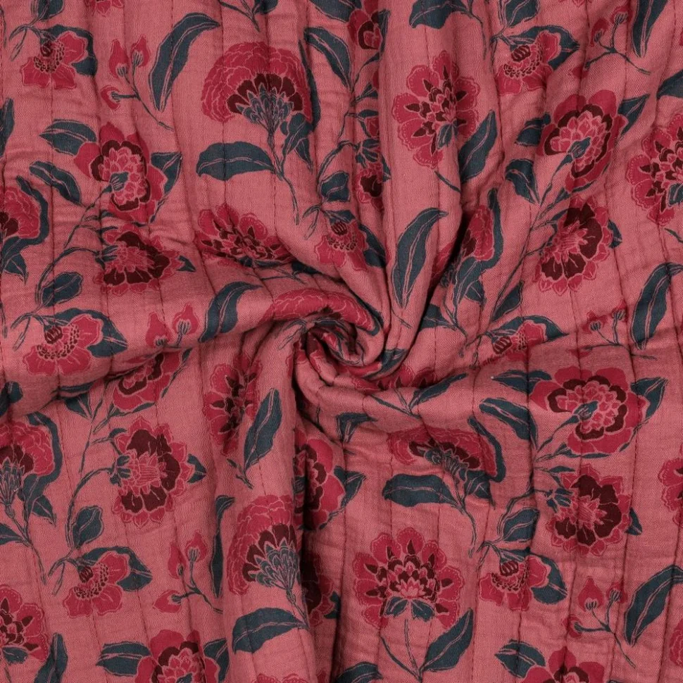 Tissu Double gaze de Coton Matelassé Elea fleurs Mauve réversible sur fond Vieux rose